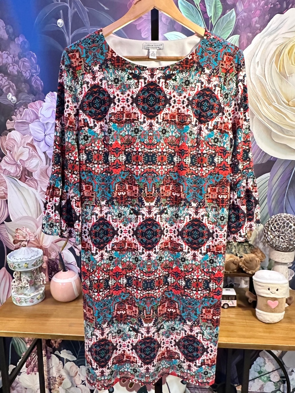 London Style 12 Sheath Dress Boho Medallion Print Retro Stretch 3/4 Sleeve